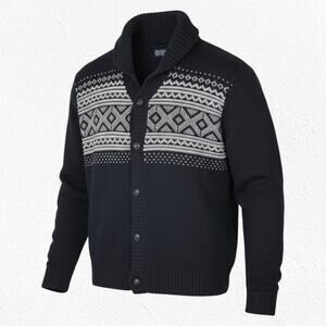 Chaps Black White Fair Isle Cowl Neck Button Up Cardigan Sweater Size Large